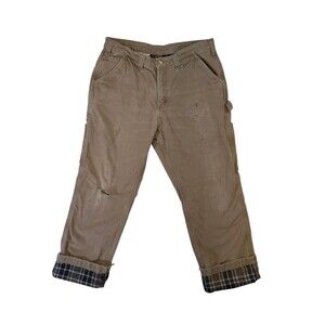 Carhartt Mens Relaxed Fit Work Pants Khaki Tan Flannel Lined Carpenter 34 X 30